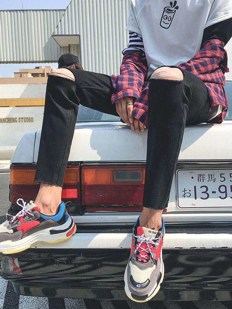 Nine-Point Knee Hole Jeans For Men - WOMONA.COM
