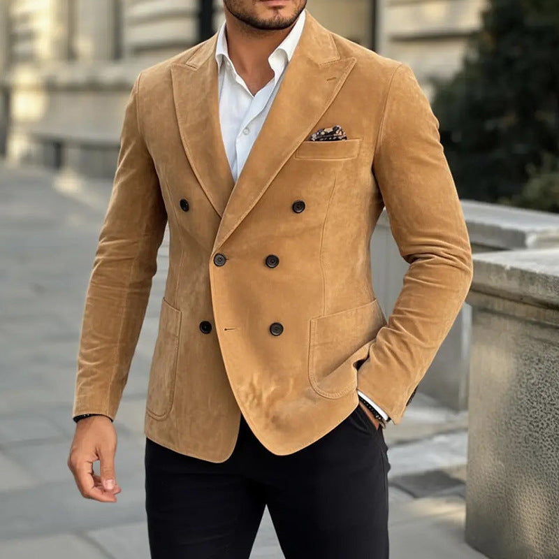 Khaki suede double-breasted mens jacket with notch lapels and chest pocket square
