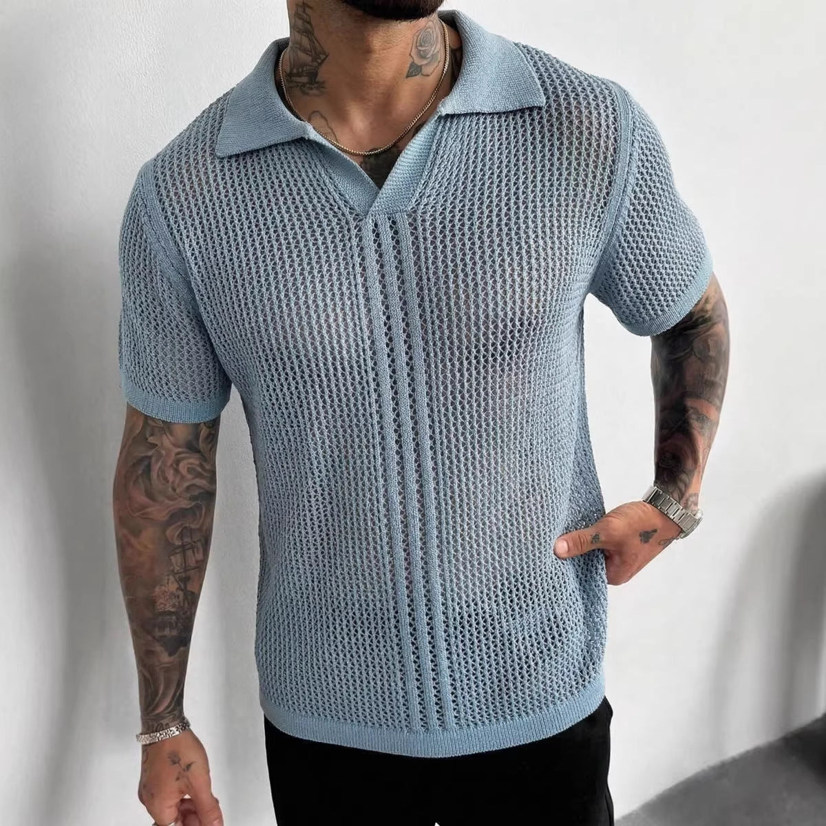 Men's sky blue hollow-out mesh knit polo, short sleeves, zip placket