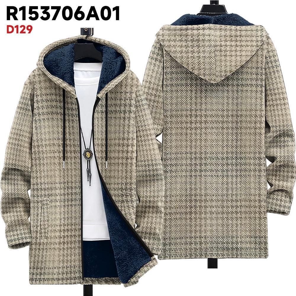 Hooded loose cotton coat, beige houndstooth print, navy sherpa lining, zip front, drawstrings