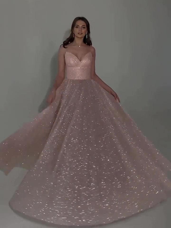Pink sequined backless evening dress with sweetheart neckline and full A-line skirt