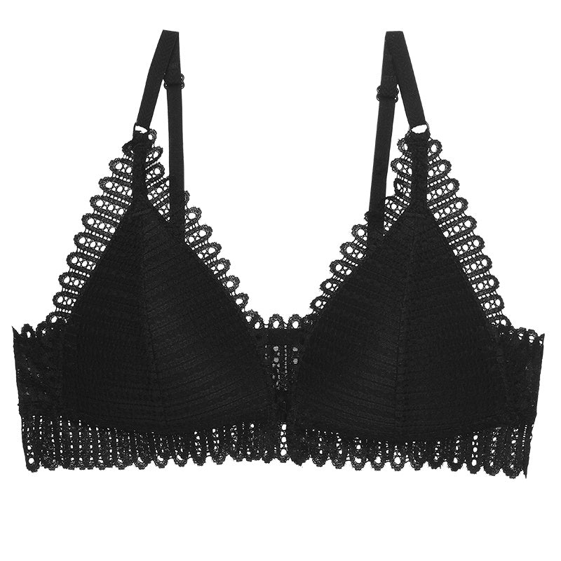 Black thin-cup lace bra with scalloped V neckline and adjustable straps