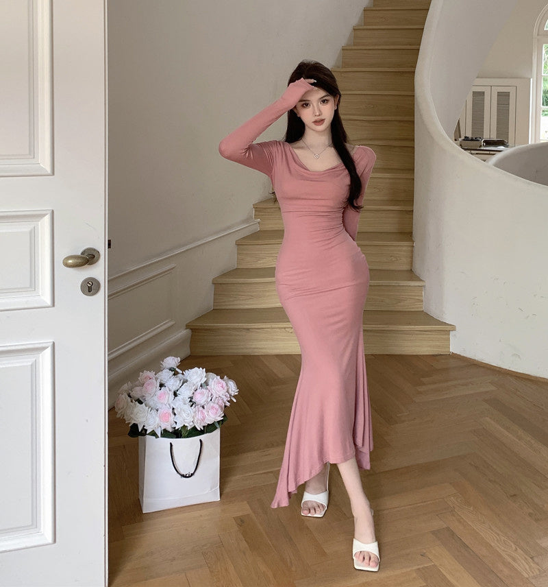 Pink Long-sleeved Dresses Women Temperament Waist - WOMONA.COM