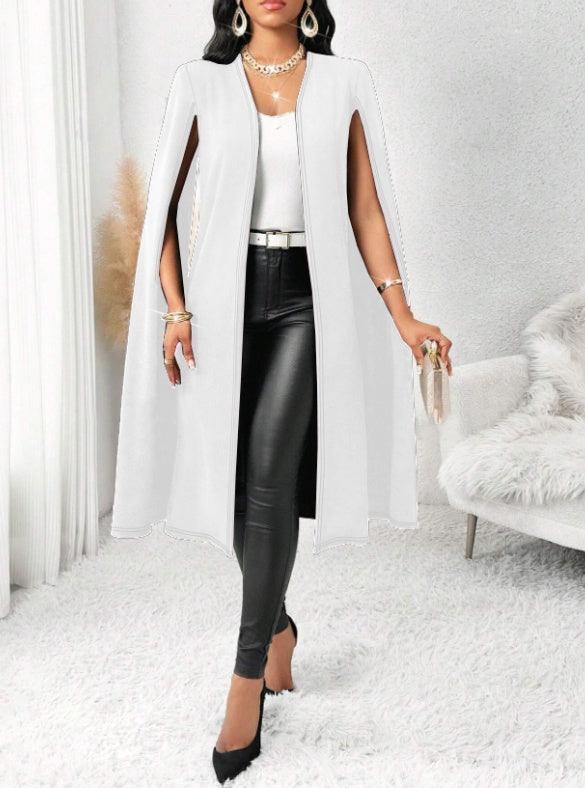White long open-front duster cardigan front view with wide sleeves