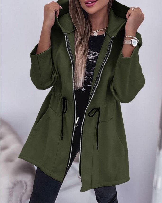 Women’s hooded casual coat in olive green, front zipper, drawstring hood, side pockets