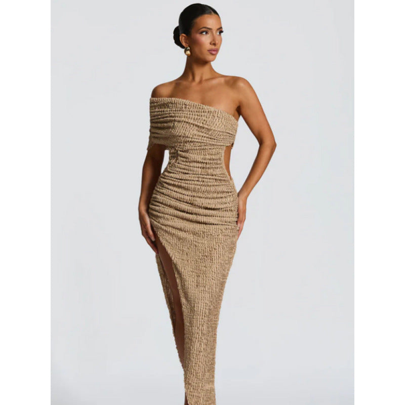 Camel textured long dress with off-shoulder smocked design, high slit at side