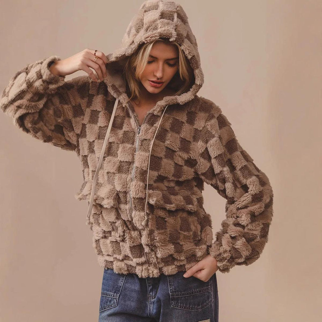 Women’s plush plaid zip-up hoodie cardigan in latte brown checker texture