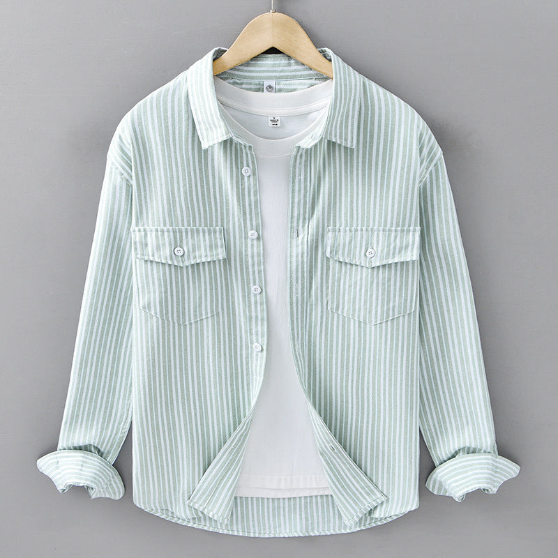 Light green striped long-sleeve button-up shirt with two chest flap pockets