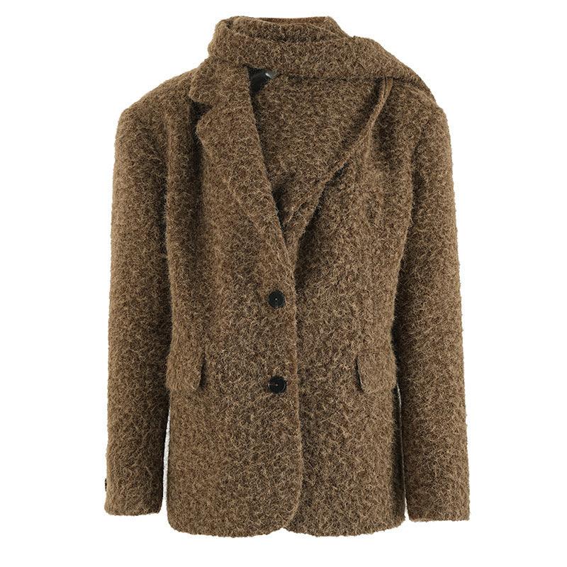 Women’s brown wool suit jacket with hood detail, notch lapels, and button front