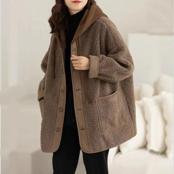 Lamb Wool Fleece-lined Hooded Women's Short Jacket