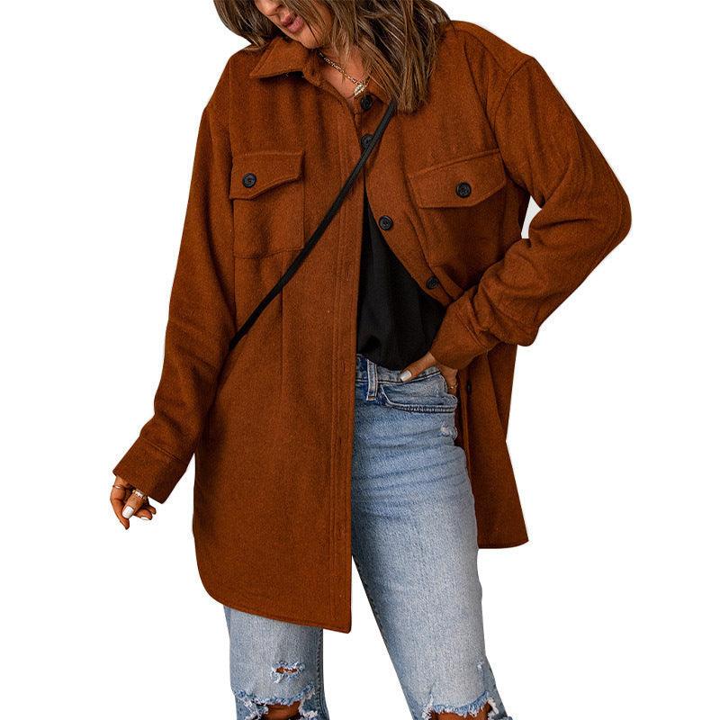 Brown single-breasted lapel wool jacket with two chest pockets and button front