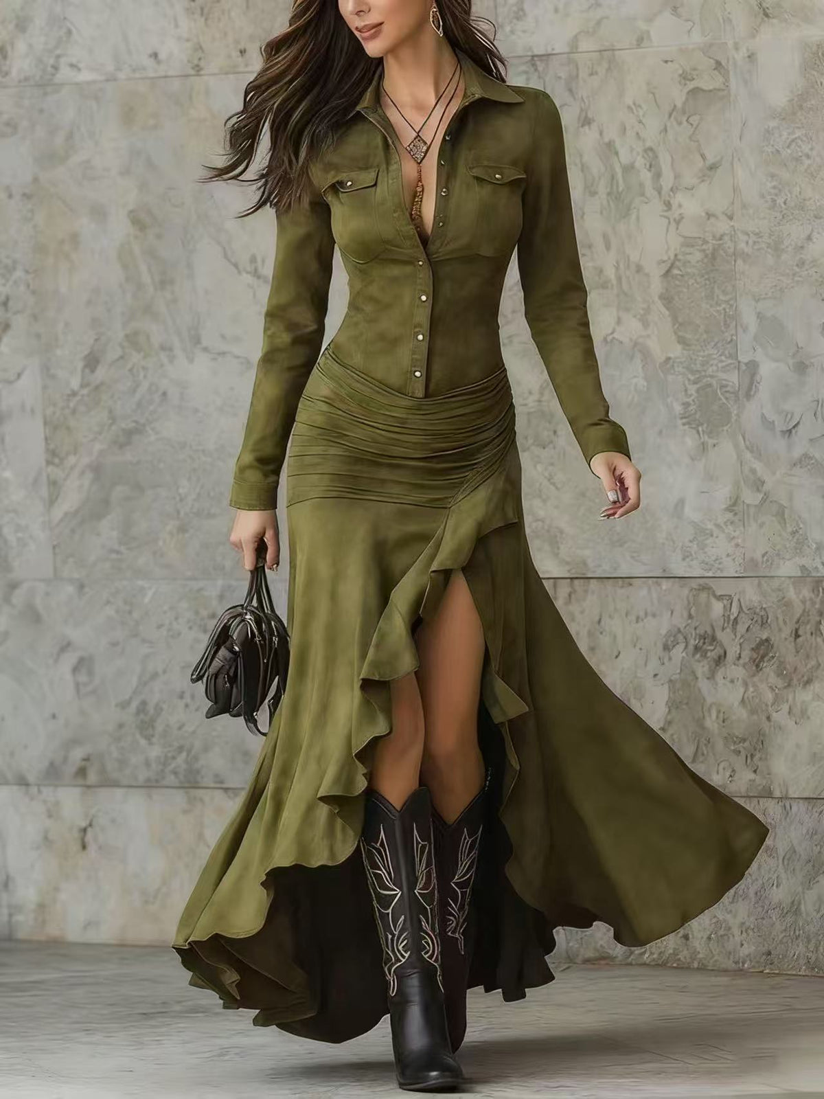 Women's lapel button-front suede-look maxi dress