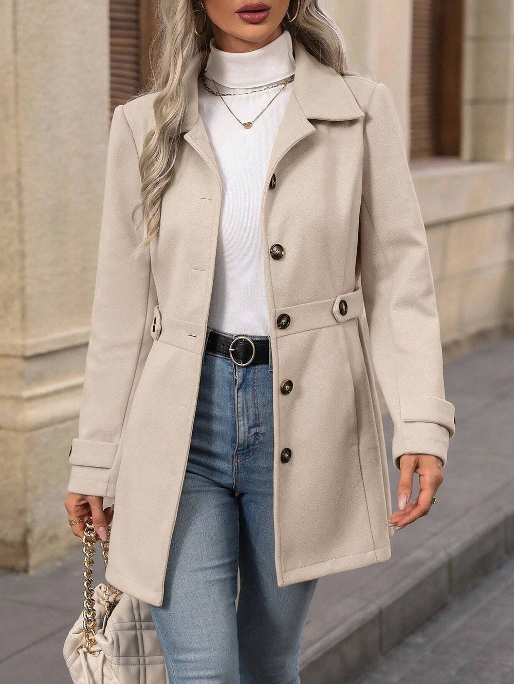 Women's apricot wool coat, single-breasted with notched lapels and button front, mid-length
