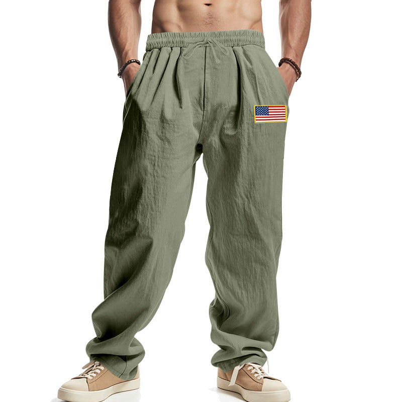 Army green linen wide-leg hip hop trousers with elastic waistband and drawstring