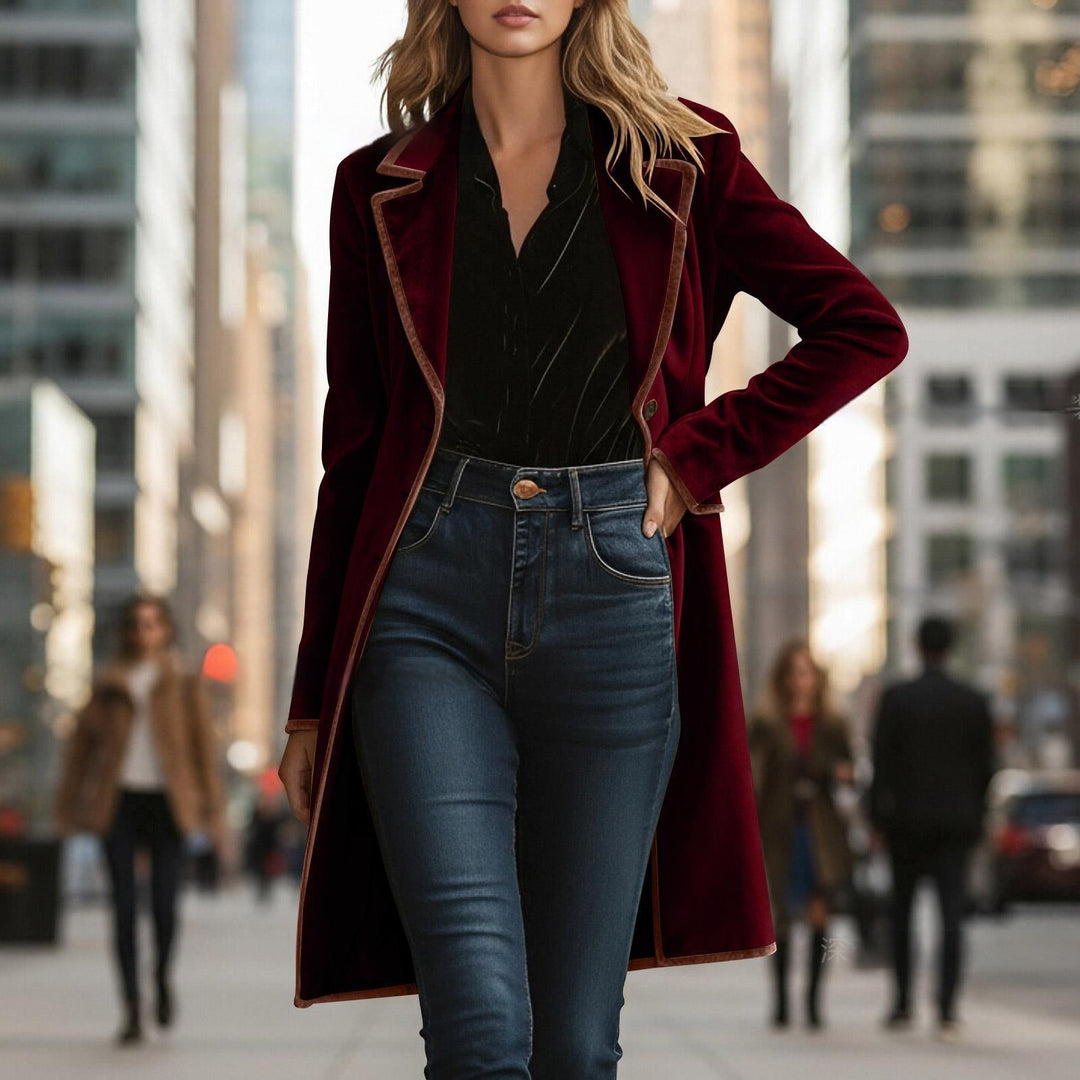 Women’s velvet long coat in wine red, tailored lapels, contrast trim, single-breasted buttons