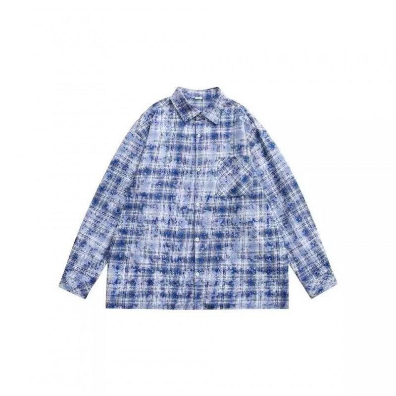 Blue plaid casual coat with button-up front and long sleeves