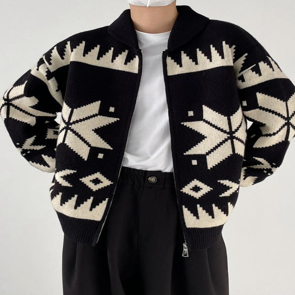 Geometric Contrast Color Lapel Sweater - WOMONA.COM