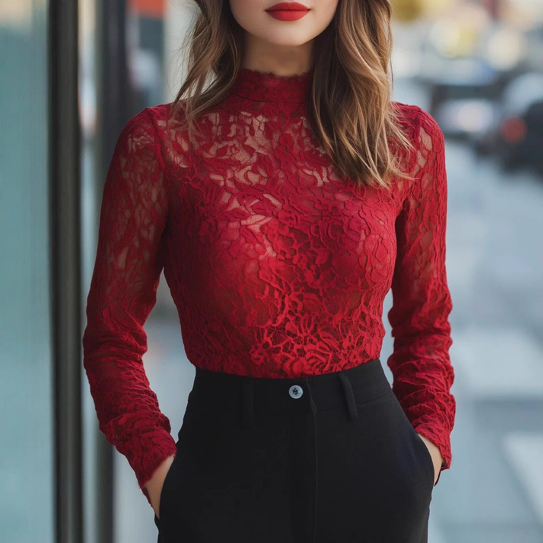 Women's Red Lace Mock Neck Long Sleeve Top