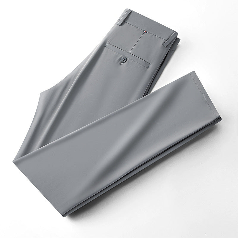Men's ice-silk leisure pants in gray, folded flat with flat-front and belt loops