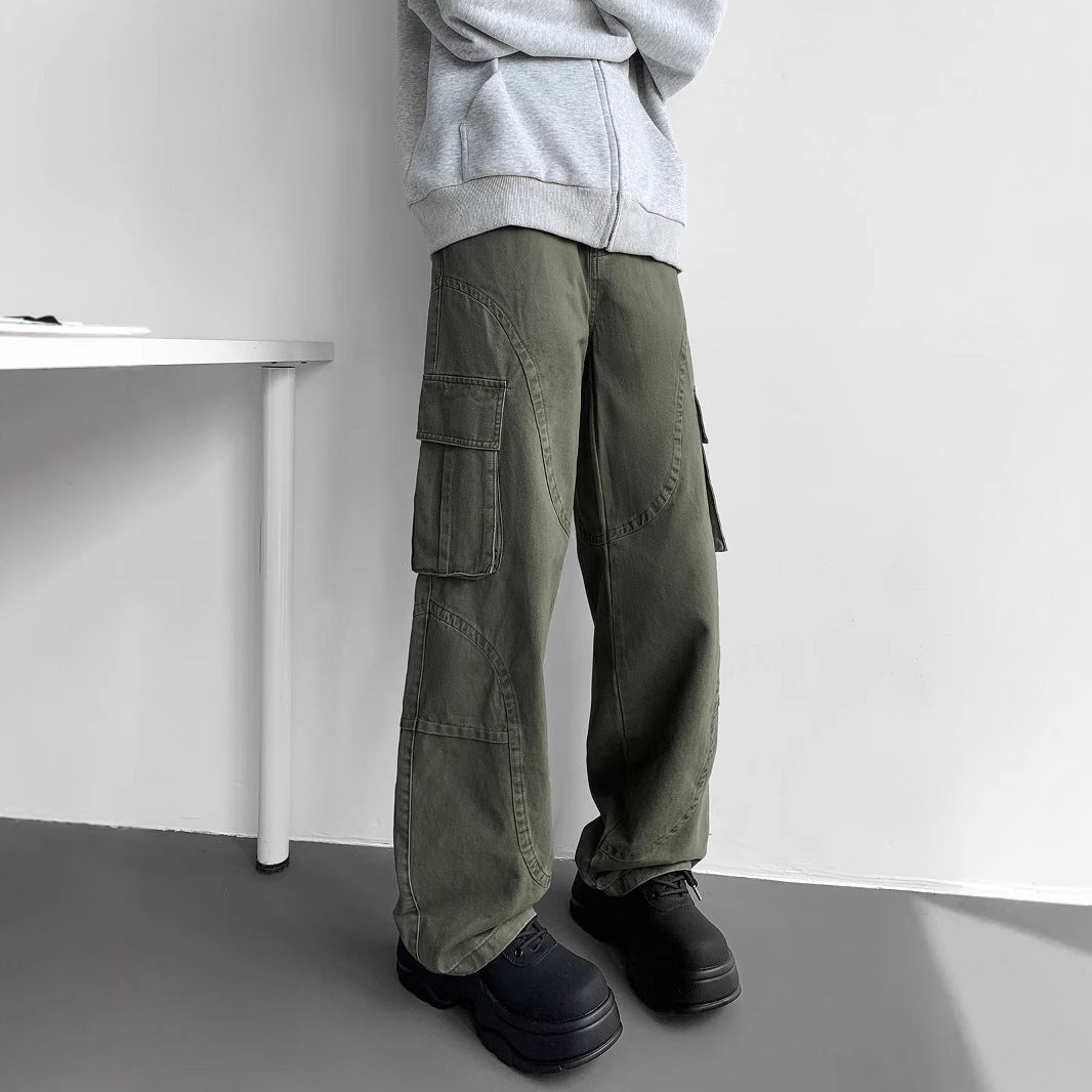 Army green wide-leg cargo pants with side and thigh utility pockets