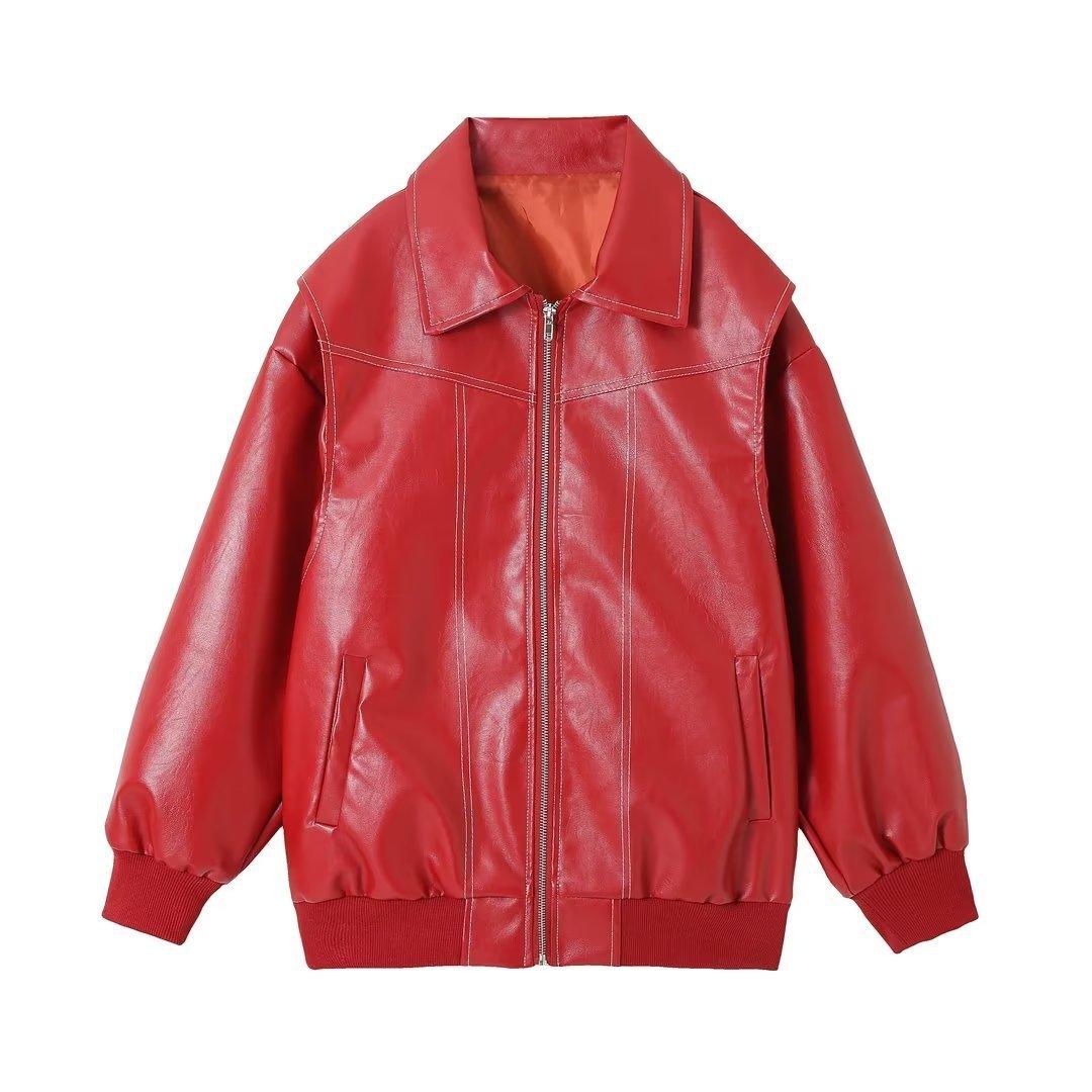 Red quilted-style baseball jacket, full-zip with standing collar