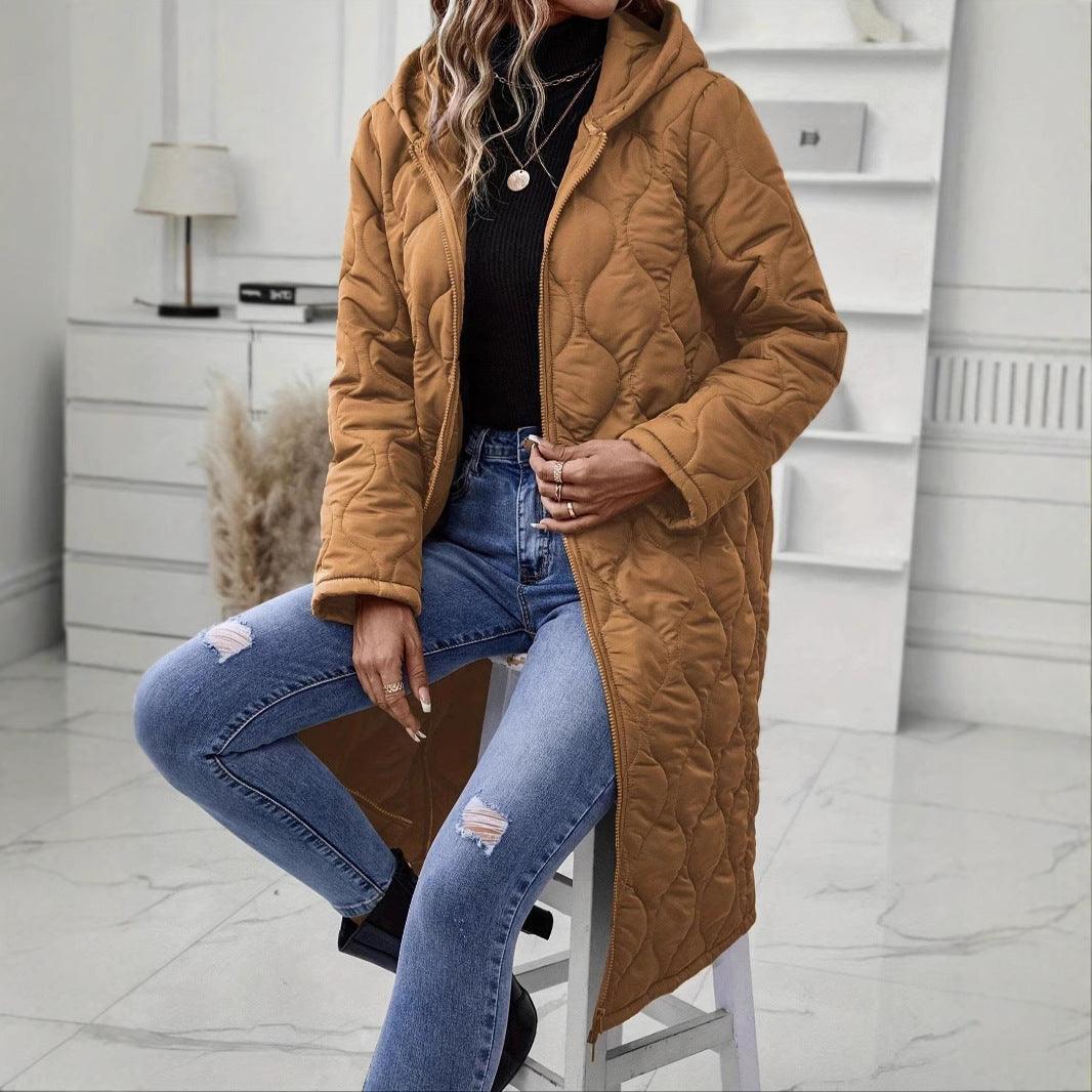 Brown quilted hooded jacket with front zipper, long sleeves, and side pockets