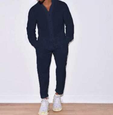 Men's linen-blend V-neck top and straight-leg pants set