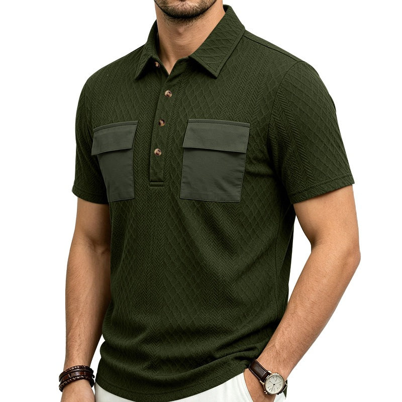 Mens heavyweight jacquard lapel polo, army green, button placket and two chest patch pockets