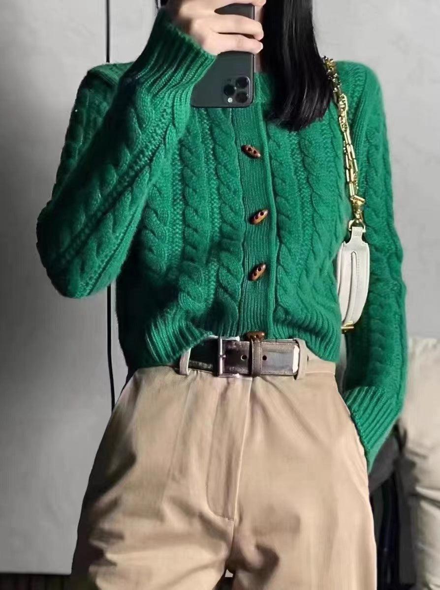 Women’s green cable-knit cashmere cardigan, button-front, twisted cable pattern