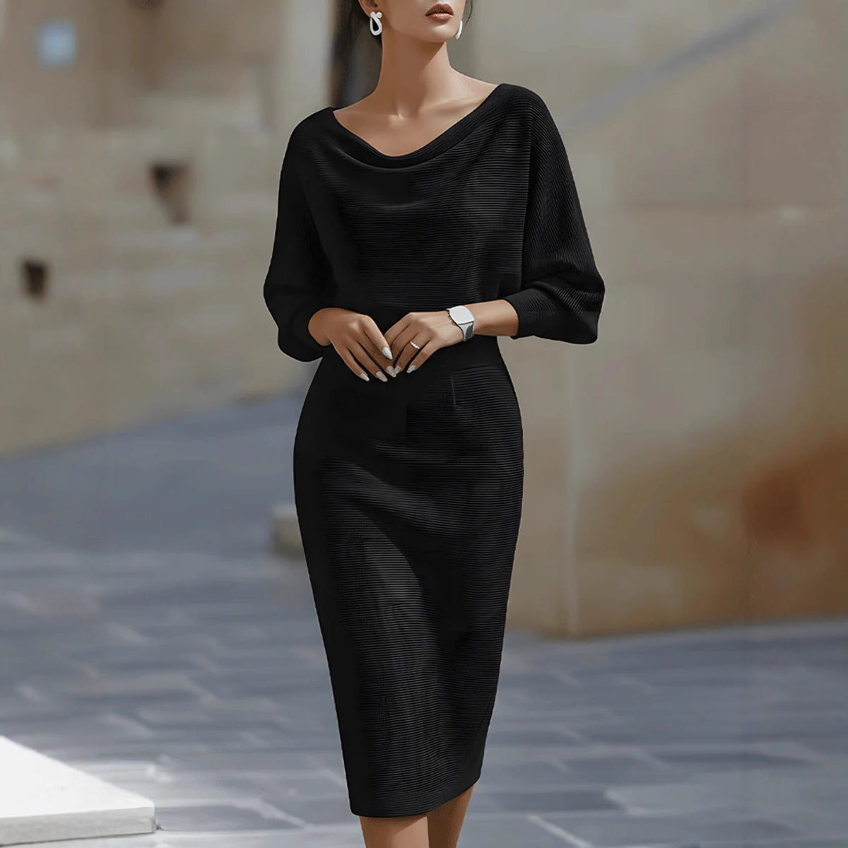 Black pleated batwing sleeve midi dress with draped cowl neckline, fitted pencil silhouette