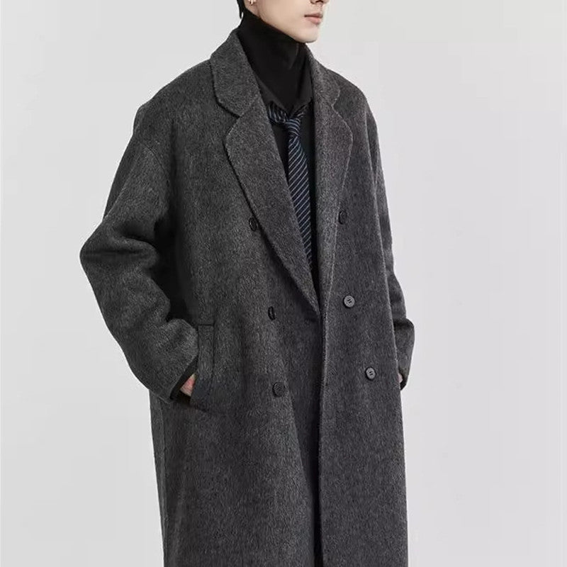 Men's mid-length double-breasted wool coat, dark gray, notched lapels and button front
