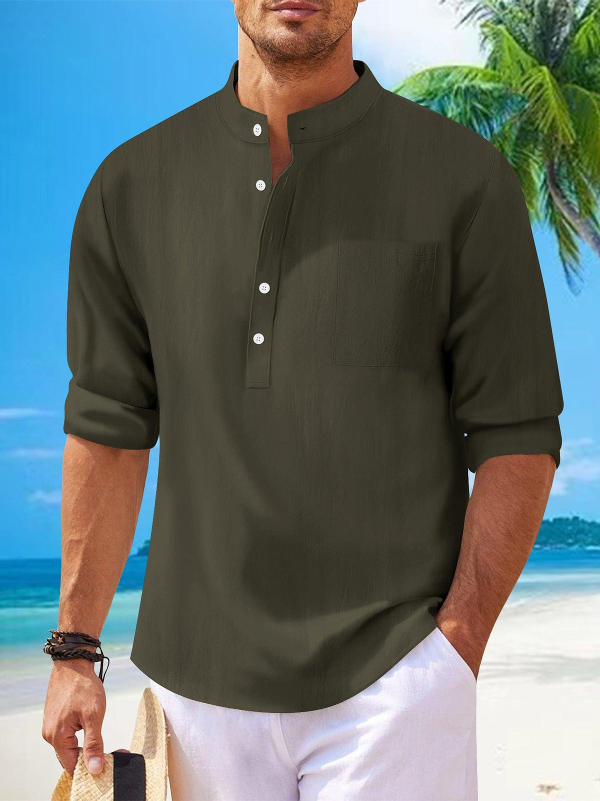 Men's Cotton And Linen Stand Collar Long Sleeve Shirt - WOMONA.COM