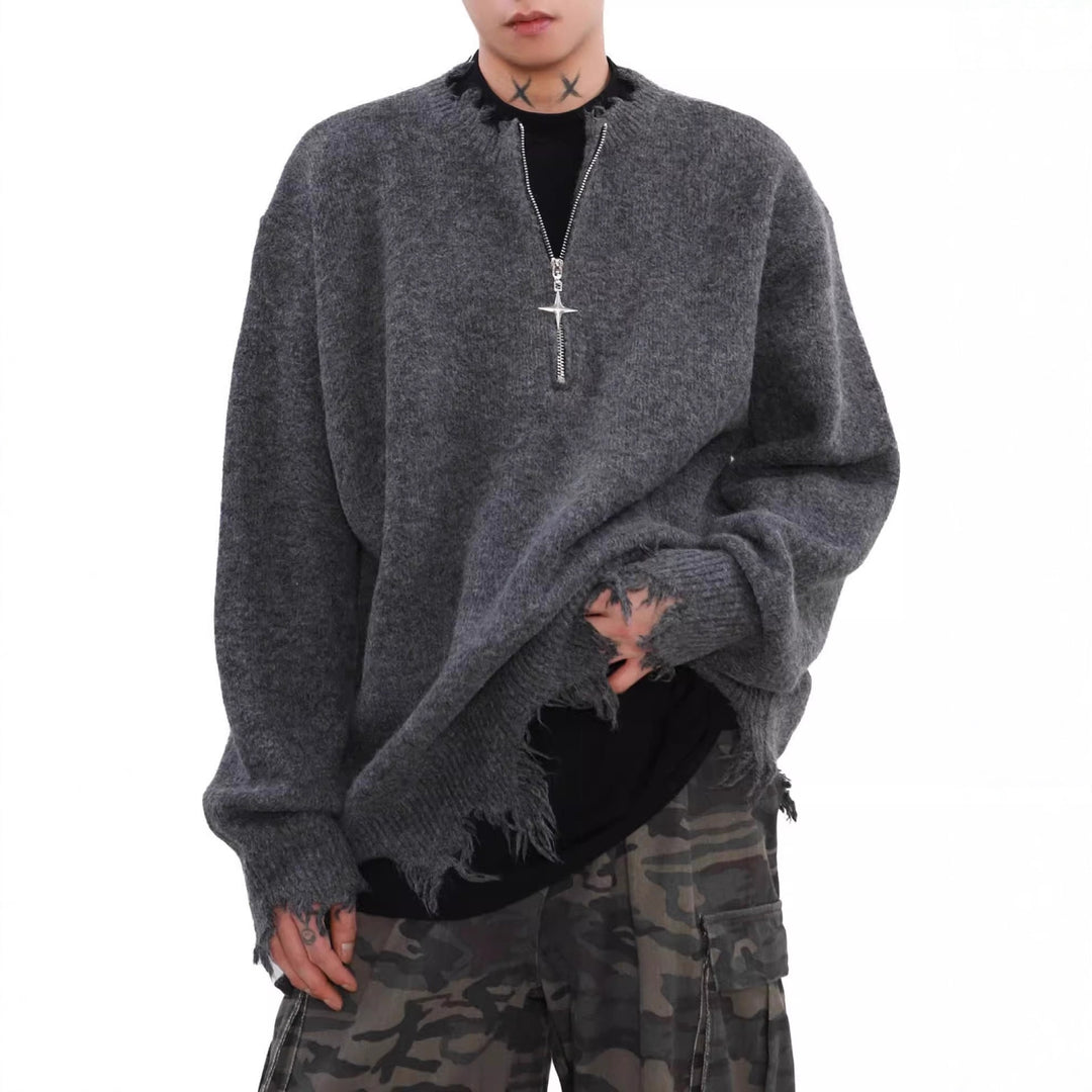 Men's Charcoal Textured Vintage Half-Zip Sweater - product view 1