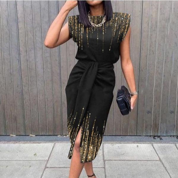 Printed Sleeveless Lace Pleated Dress - WOMONA.COM