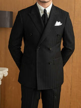 Man Versatile Black Striped Double Breasted Suit