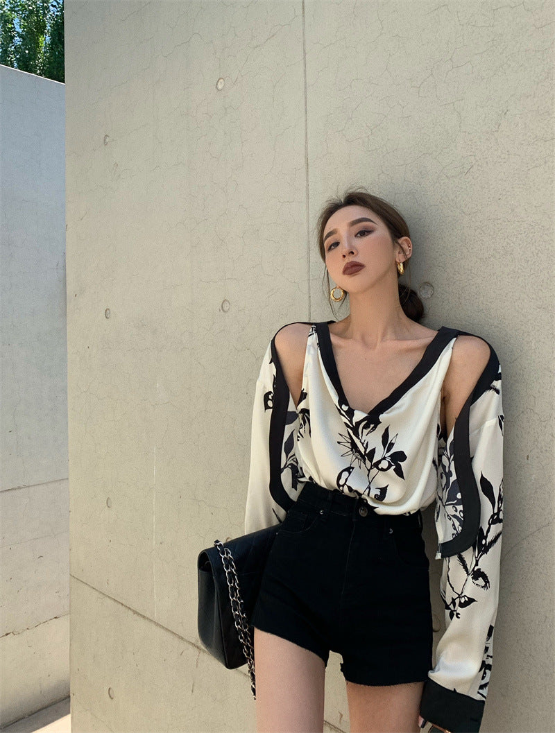 Fake Two Off-shoulder Floral Shirts For Women - WOMONA.COM