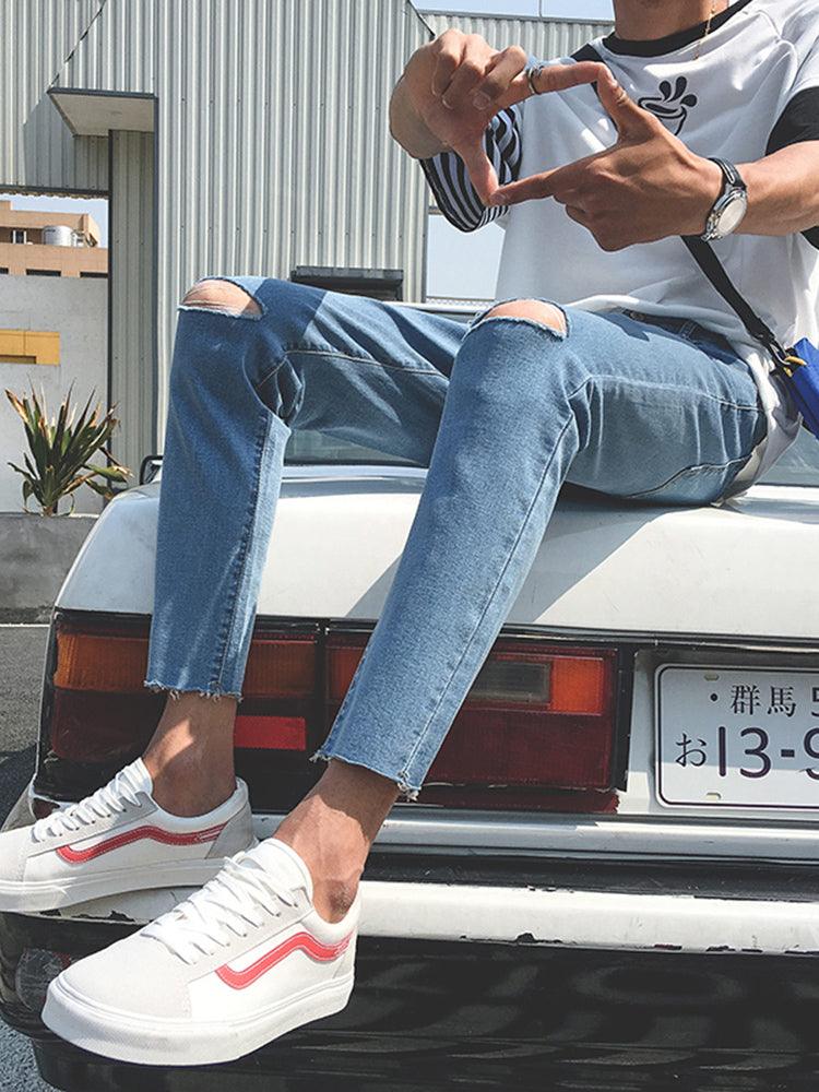 Nine-Point Knee Hole Jeans For Men - WOMONA.COM