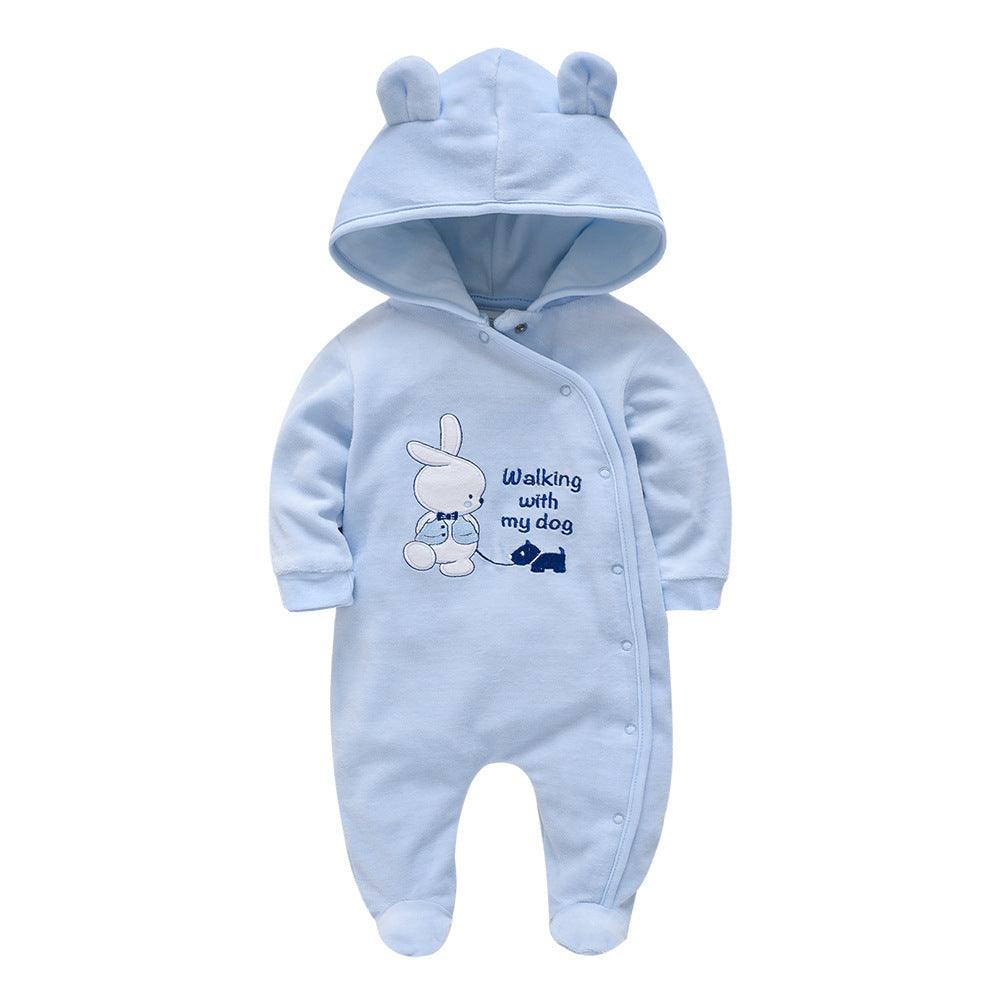 Light blue newborn hooded one-piece romper with front snaps and dog graphic