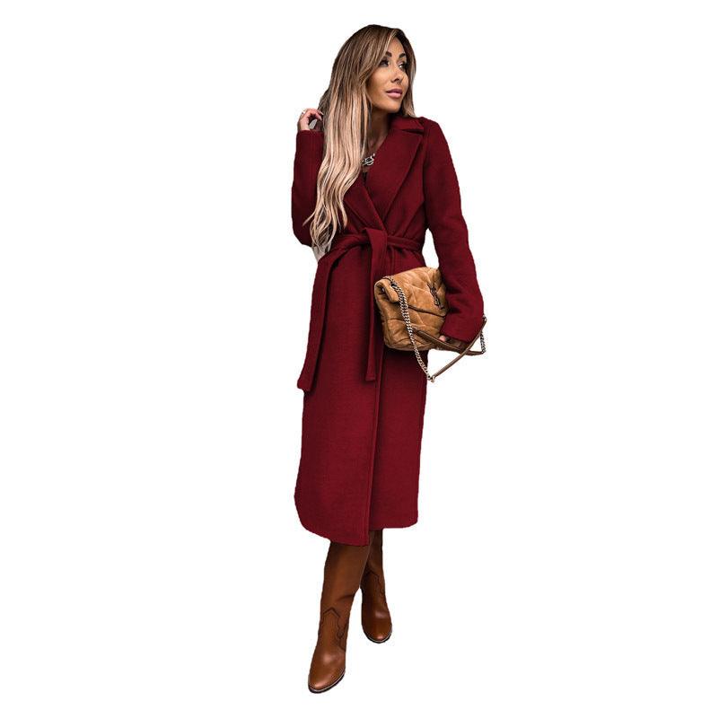 Solid Color Polo Collar Long-sleeved Woolen Coat - WOMONA.COM