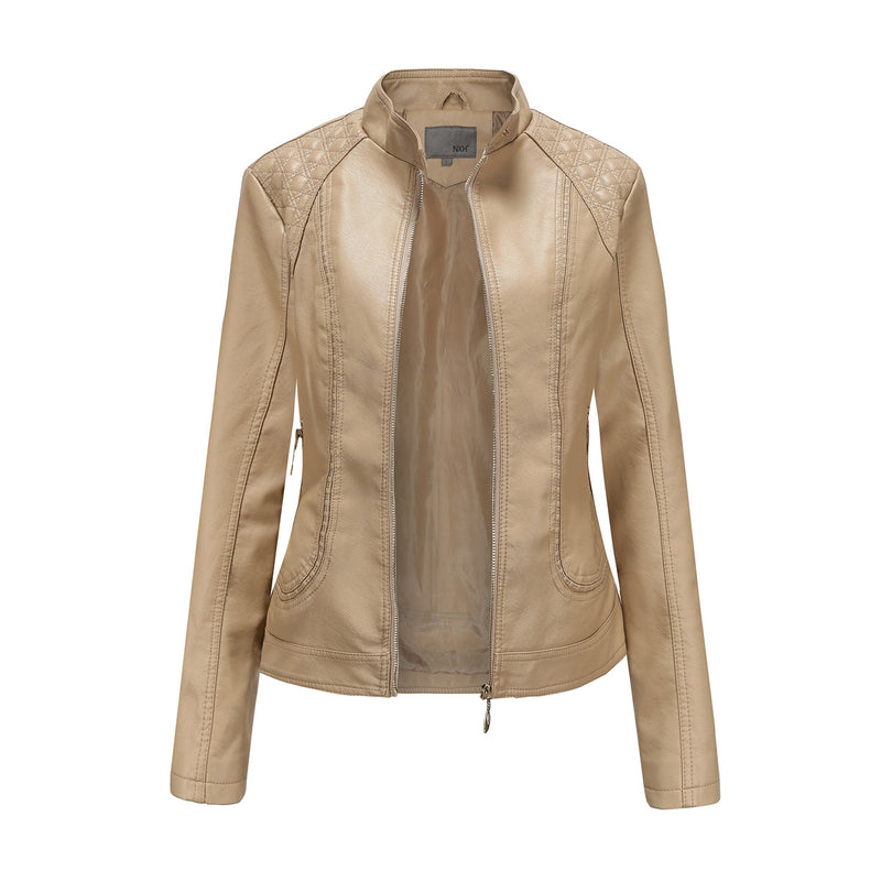 Women's stand collar PU leather jacket - WOMONA.COM