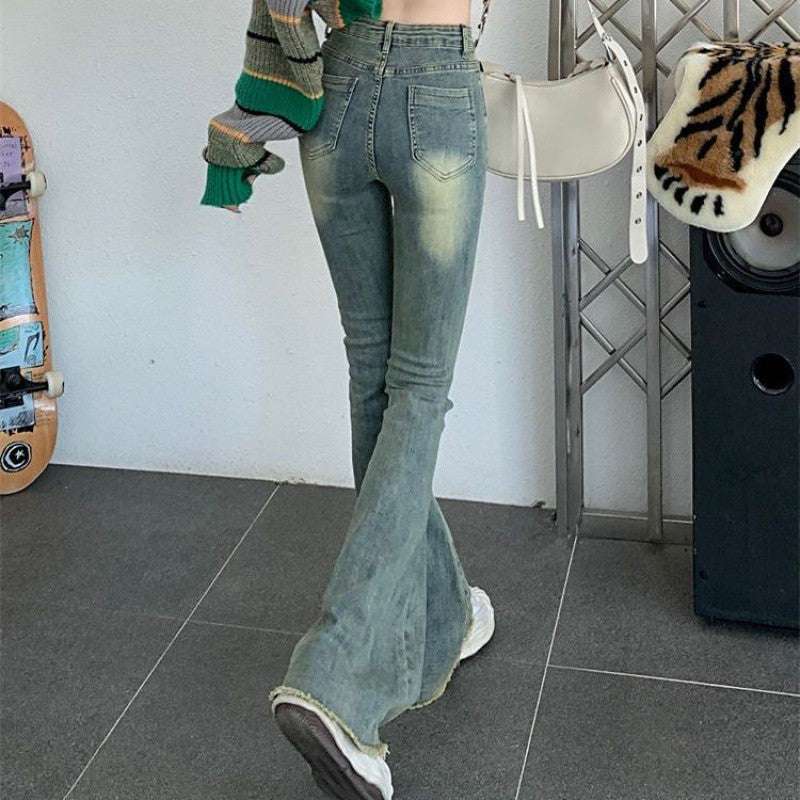 New Raw Hem High Waist Slightly Flared Retro Stretch Jeans - WOMONA.COM