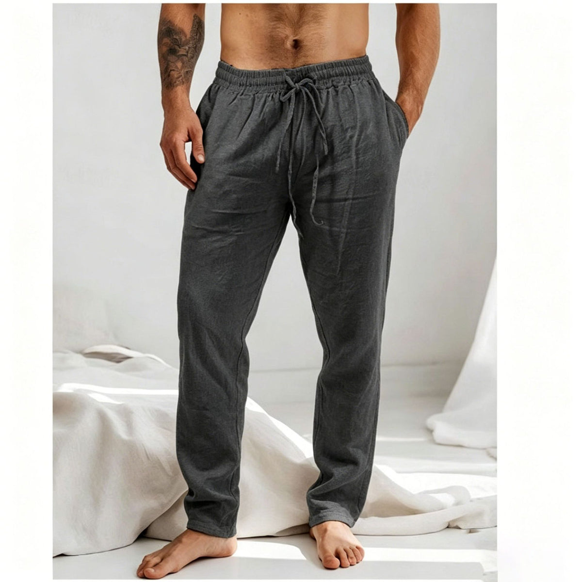 Men's loose straight-leg trousers, dark gray, elastic waistband with drawstring