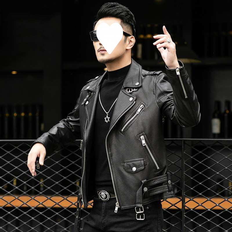 Men's black sheepskin leather biker jacket, zip front, lapel, multiple pockets