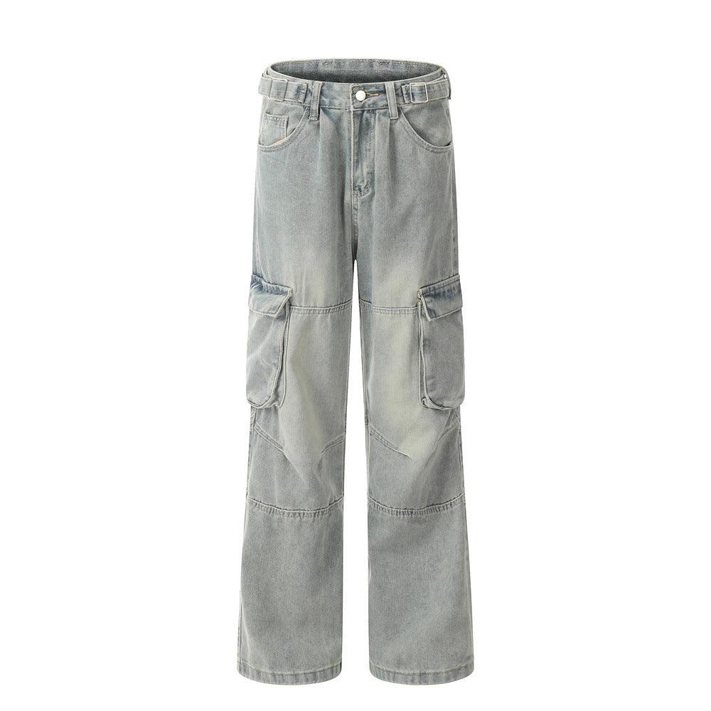 Punk Old Wash Denim Cargo Pants Trousers Men - WOMONA.COM