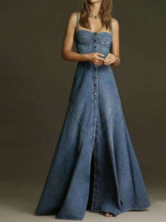 Blue Button-Front Denim Strap Maxi Dress – product image 1