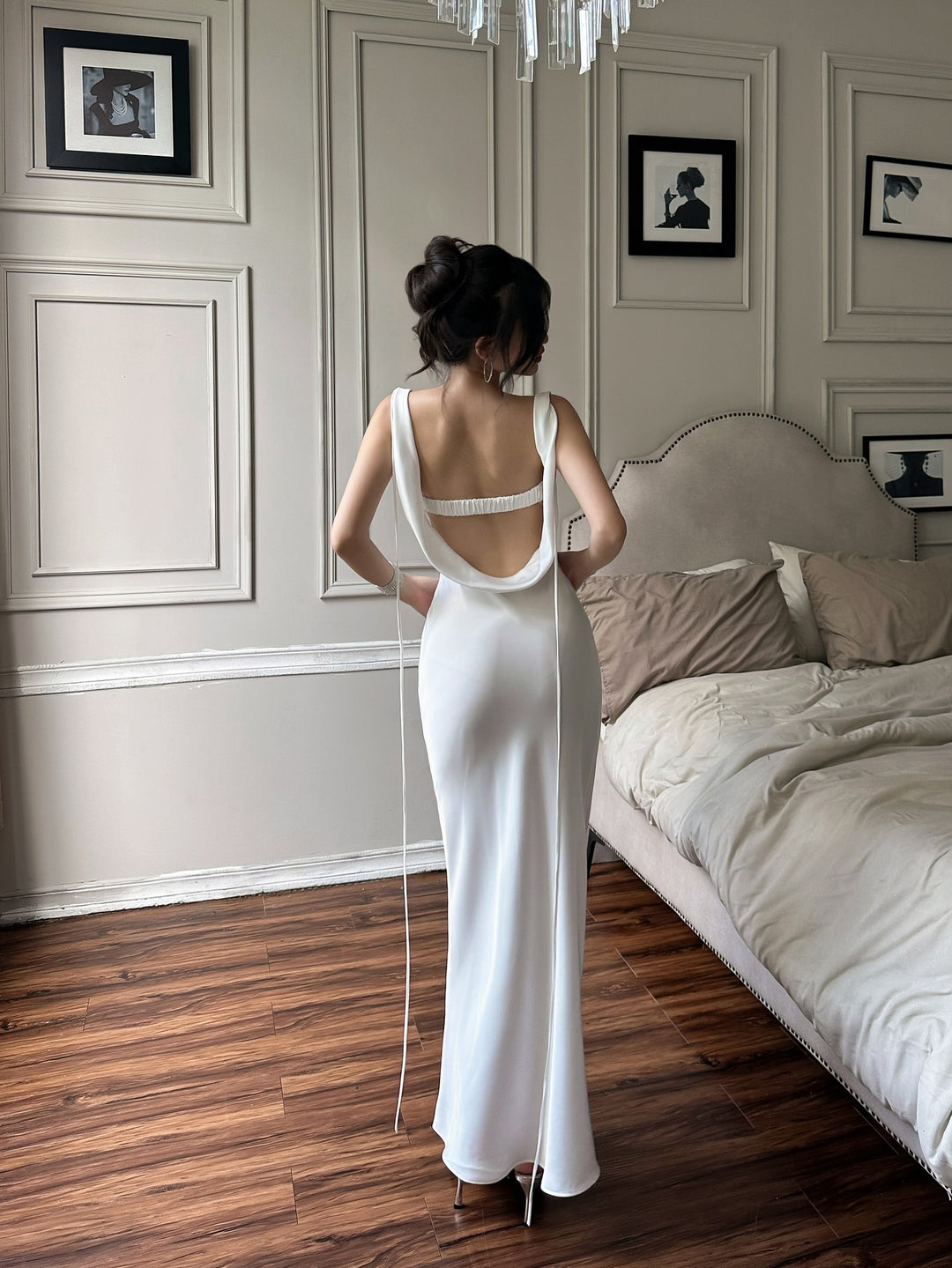 White Satin-Look Backless Cutout Maxi Dress – product image 1