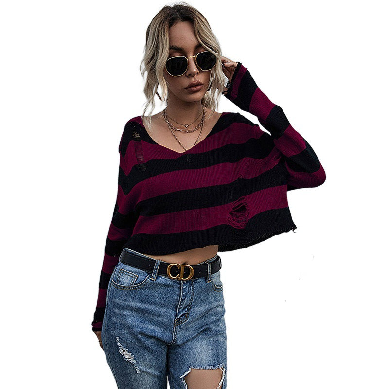 New Big V-neck Striped Sweater - WOMONA.COM