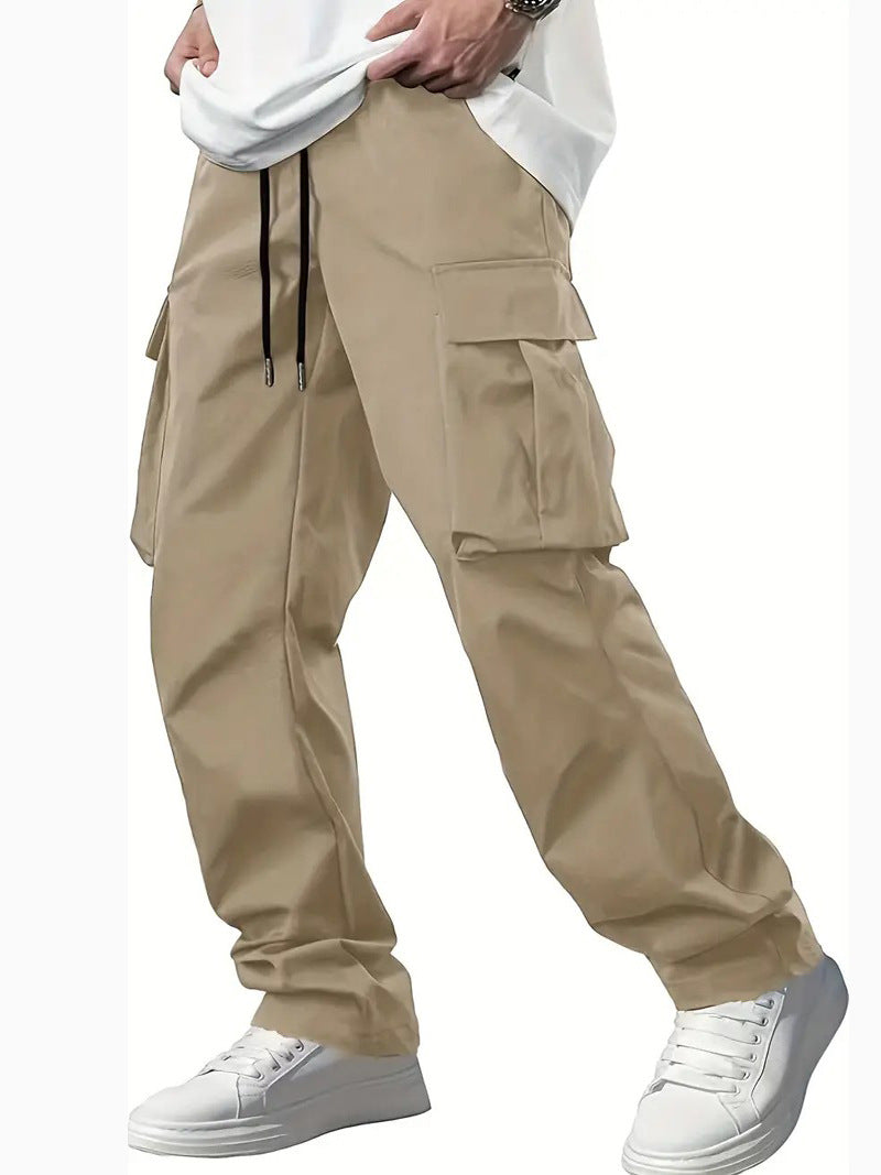 Men's khaki cargo pants with drawstring waist and multiple side pockets
