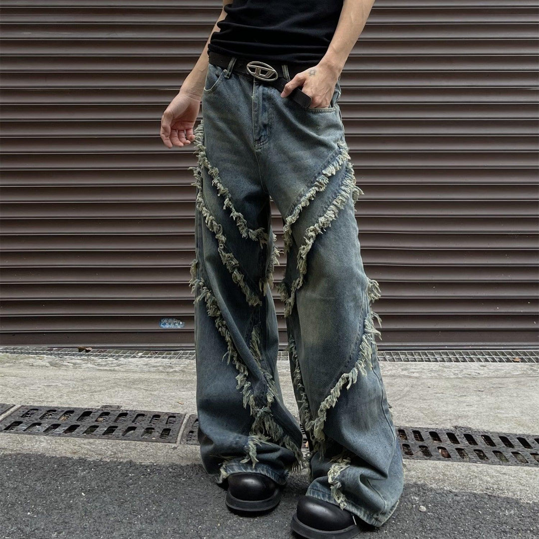 Burrs Tassels Patchwork Design Wide Leg Jeans - WOMONA.COM