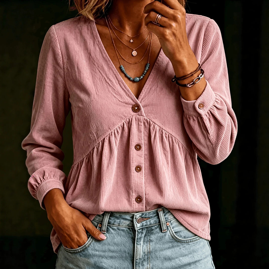 Women's Corduroy V-Neck Button-Down Shirt Fashionable T-Shirt Casual Pleated Top
